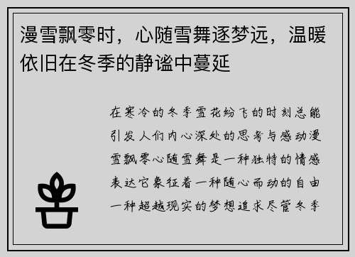 漫雪飘零时，心随雪舞逐梦远，温暖依旧在冬季的静谧中蔓延