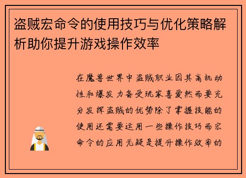 盗贼宏命令的使用技巧与优化策略解析助你提升游戏操作效率