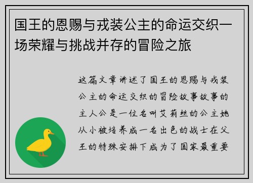 国王的恩赐与戎装公主的命运交织一场荣耀与挑战并存的冒险之旅